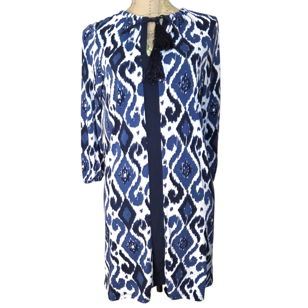 Michael Kors Size X-Small Blue White Ikat Keyhole Tassel Tie Neckline Mini Dress